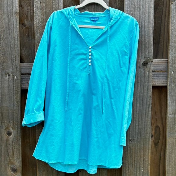 Sea Salt Beautiful Turquoise Colored Cotton Top with Hoodie XL EUC - Picture 1 of 6
